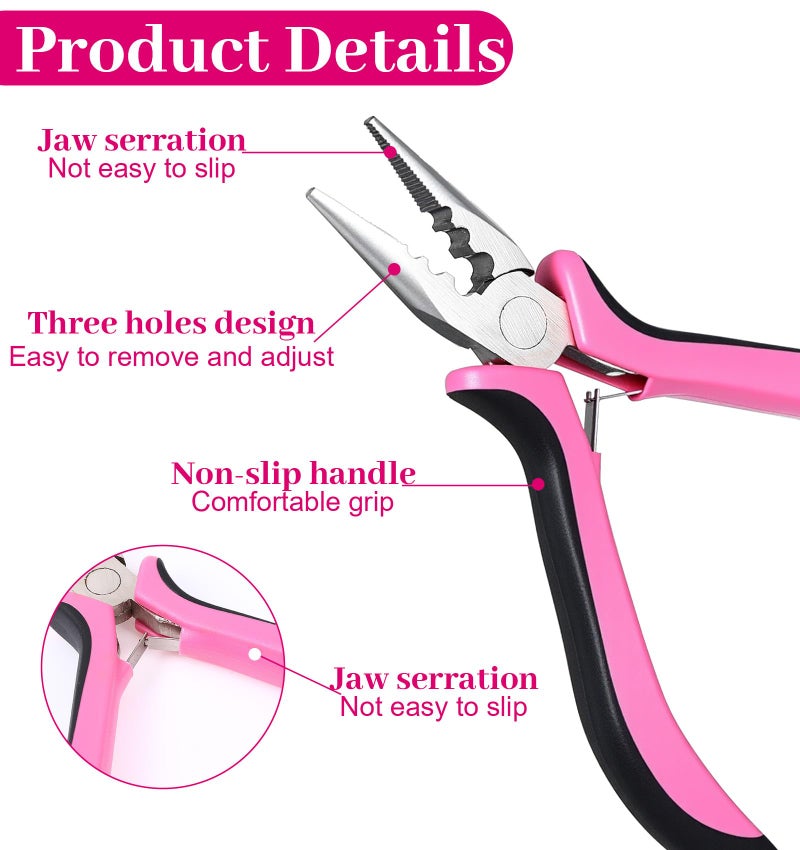 ValueBargain Hair Extension Pliers, 3-Hole Hair Extension Tools Set with 2PCS Clamp for Micro Nano Rings, Pink Tool for Extension Application Removal - Image 3